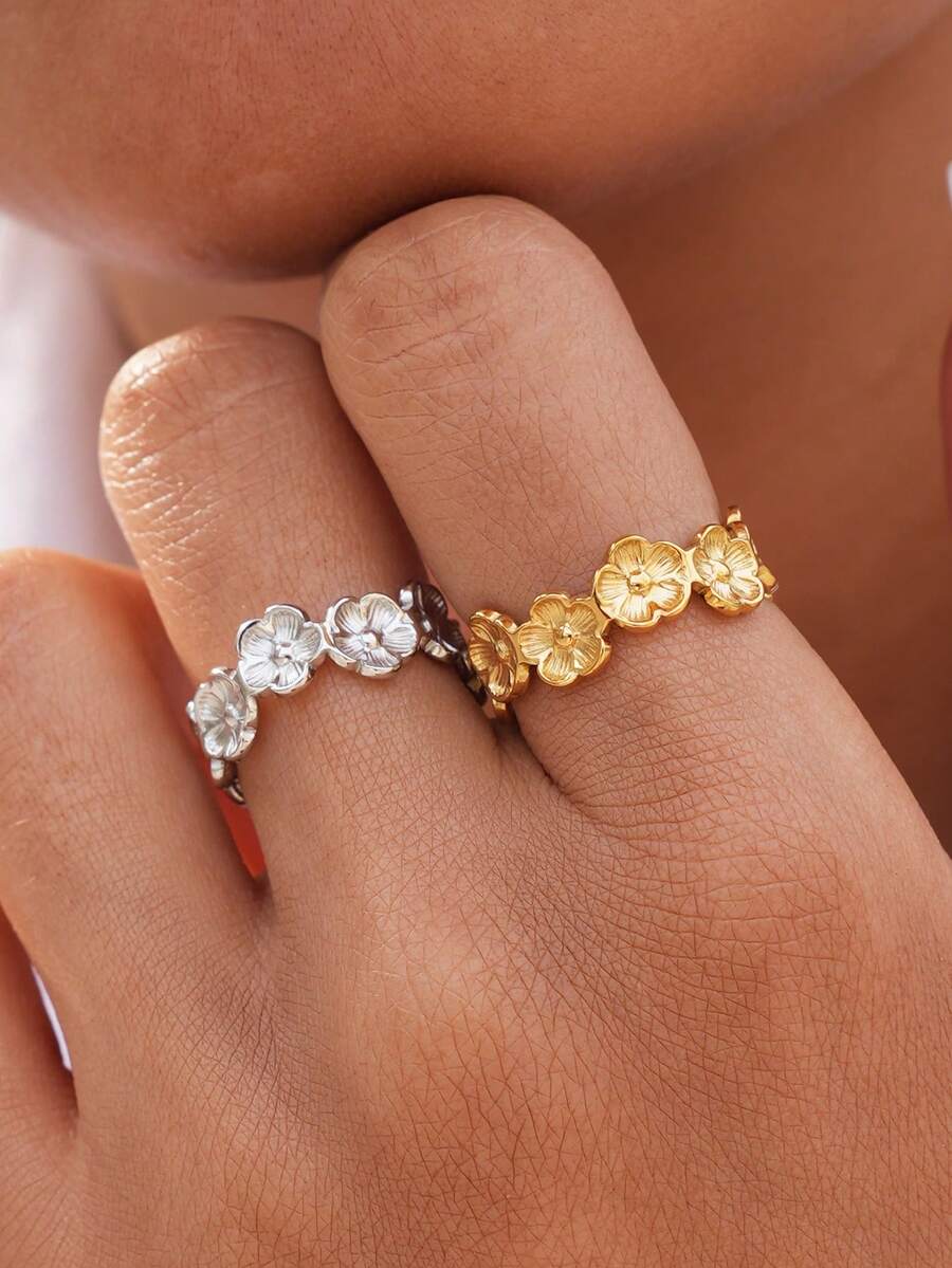 2 piezas/1 pieza Joyería de acero inoxidable de 18K con flor asimétrica calada, elegante y resistente al agua, regalo para fiesta y boda. Anillo calado exquisito y de moda, accesorio de joyería resistente al agua para uso diario y festivo - Multicolor - Ver 1