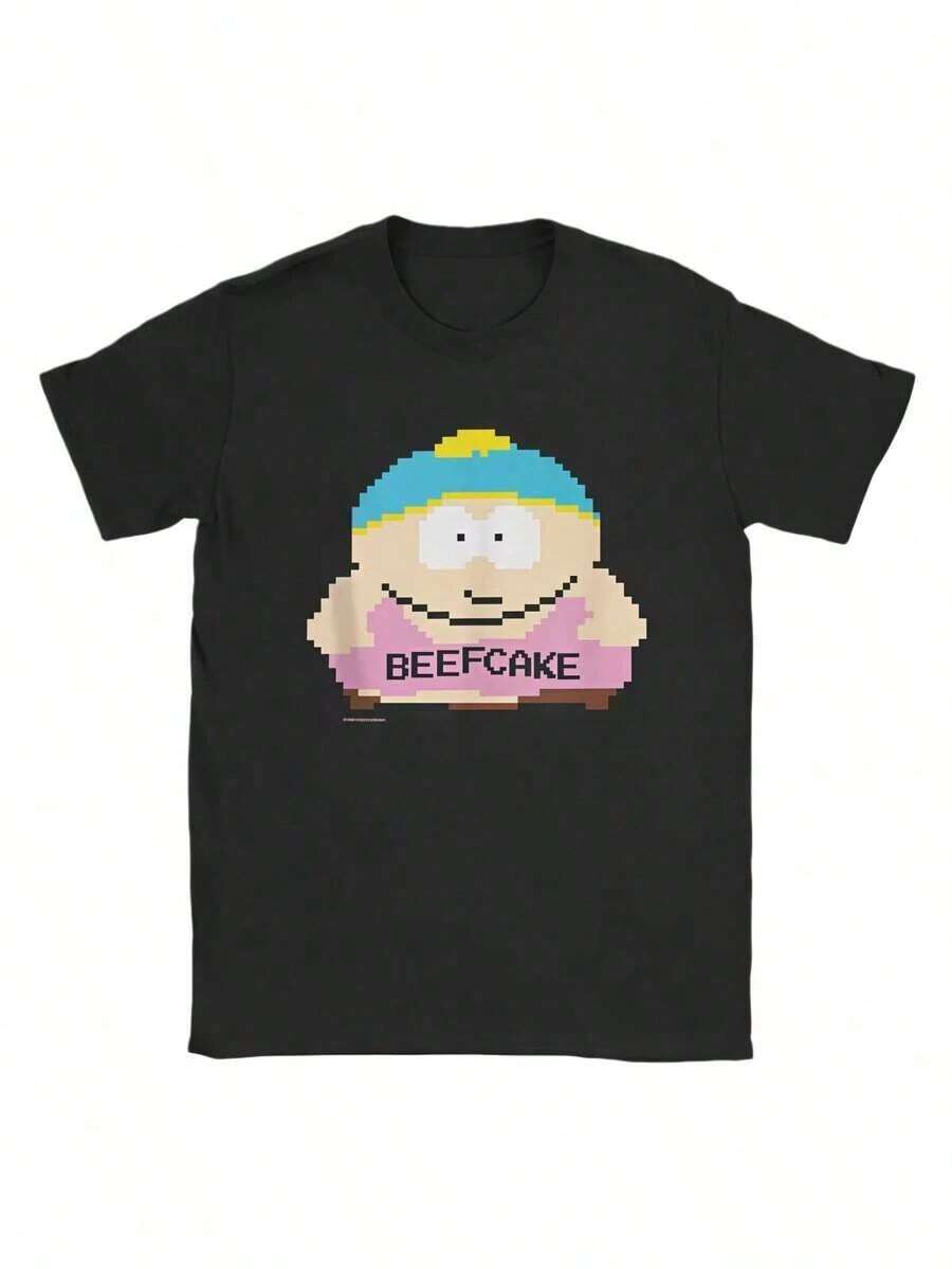 Camiseta de South Park con diseño de Eric Cartman y el tema "Beefcake" pixelado, camisetas de verano para hombre, de algodón transpirable, de gran tamaño, clásica - Negro - Ver 1