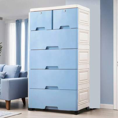 Gabinete de almacenamiento de oficina multicapa con cajones | Gabinete portátil y móvil de cinco cajones con ruedas y dos cajones con cerradura, carrito de plástico, archivador apilable para oficina, dormitorio, sala de estar