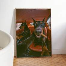 1幅复古杜宾犬艺术海报 - 竖版无框油画布墙面装饰画,波西米亚/古典/装饰艺术风格水墨画,适合卧室、客厅、男士专属空间、宠物房等装饰 - 酷炫杜宾犬汽车或站立造型 - 四季皆宜的爱狗人士礼物,复古风格 - A - 查看 2