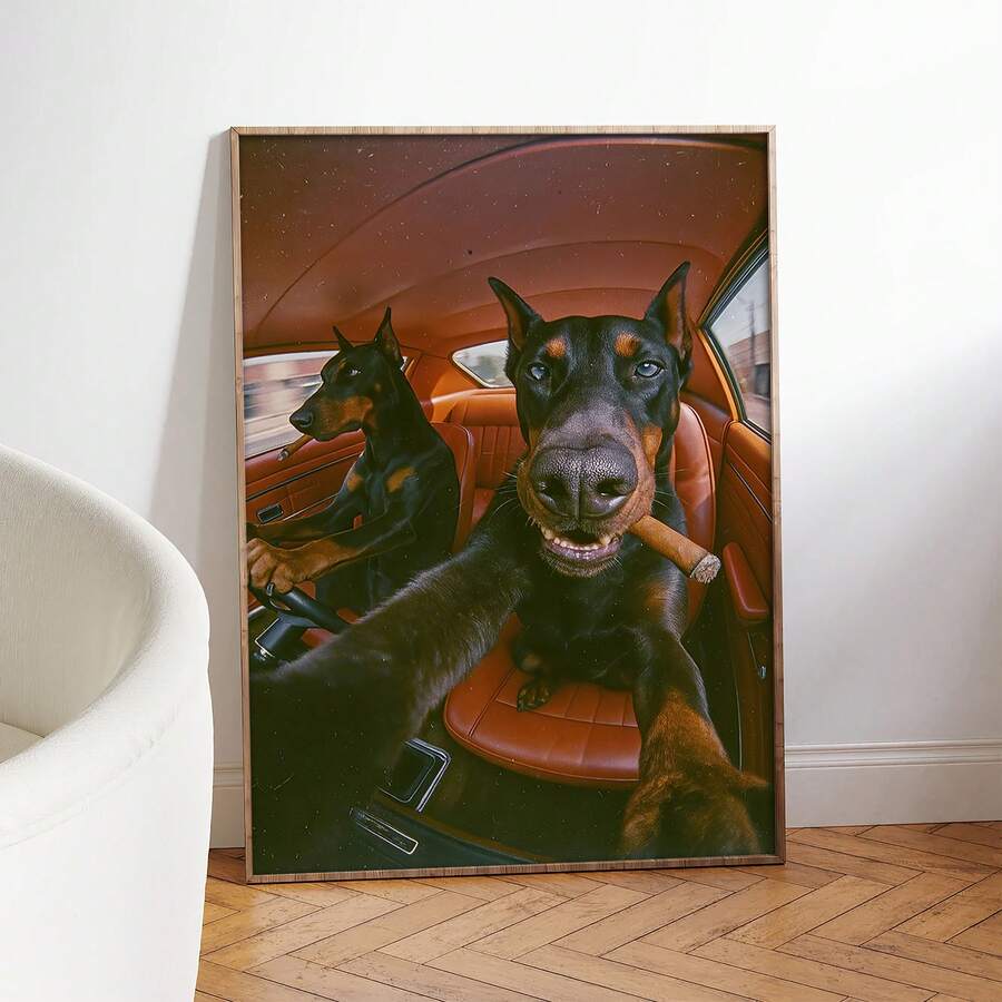 1幅复古杜宾犬艺术海报 - 竖版无框油画布墙面装饰画，波西米亚/古典/装饰艺术风格水墨画，适合卧室、客厅、男士专属空间、宠物房等装饰 - 酷炫杜宾犬汽车或站立造型 - 四季皆宜的爱狗人士礼物，复古风格