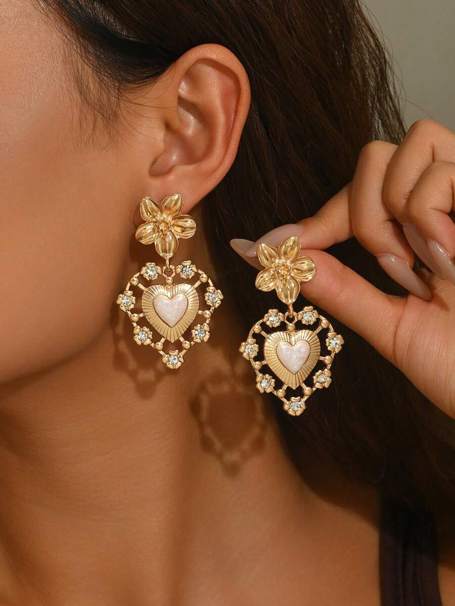 1 Pair Elegant Glazed Rhinestone Heart Flower Earrings, Fashionable Jewelry Suitable For Daily Wear, Holidays, Gatherings, Vacations, Also Suitable As Mother's Day Gift - Multicolor - View 1