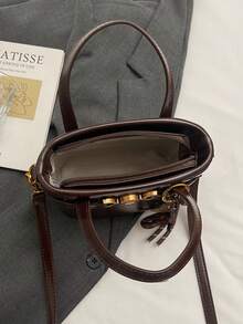 Faux Leather Solid Color Mini Bucket Bag, Versatile Casual Handbag & Shoulder Bag - Coffee - View 6
