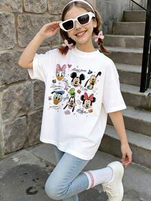 Disney Summer Tops,  Print Graphic Tee, Perfect For Cute Girls. Teen Girl Gift,Comfortable And Breathable Children's Short-Sleeved T-Shirt. 180g Pure Cotton Children's Clothes,Suitable For Both Boys And Girls.Suitable For Daily Wear, Vacations, Outdoor Activities, And As A Children's Gift. - 白色 - 查看 2