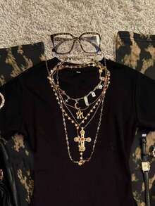 女士复古魅力纯黑色街头时尚休闲上衣，简约优雅针织T恤衫。夏季 - 黑色 - 查看 4