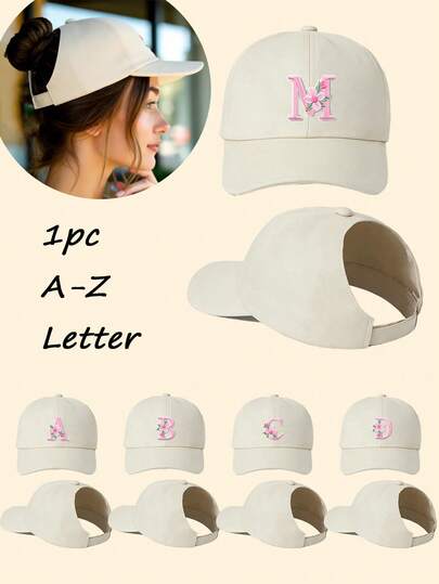 1pc Women's Customized Floral A-Z Letter Sun Hat, Casual Messy Bun/Ponytail Hat, Lightweight Visor Cap, Ponytail Baseball Cap, Fashionable Visor Hat, Essential For OOTD, Sports And Beach