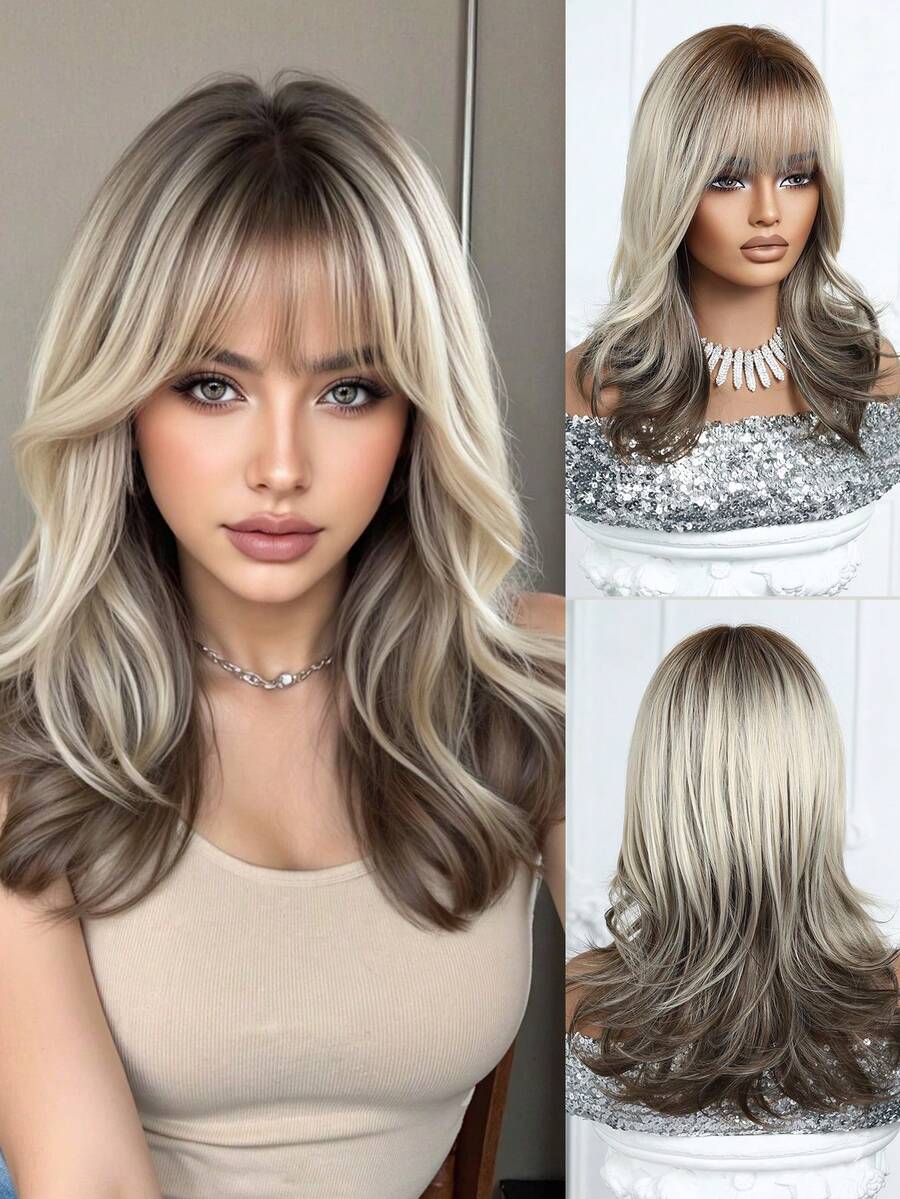 Peruca Ombré Marrom, Comprimento Médio, Franja Reta, 20 Polegadas, Onda Natural, Adequada para Mulheres, Fibra Sintética Resistente ao Calor, Adequada para Festivais, Viagens, Festas, Cosplay, Uso Diário, Presente de Férias para Meninas - Ombre marrom - Visão 1