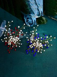 1pc Blue Crystal Rhinestone & Faux Pearl Handmade Bridal Hair Comb, Suitable For Wedding Party - Multicolor - View 6