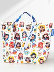 1 pieza Bolsa de compras portátil de gran capacidad, bolsa de tela impermeable con diseño de dibujos animados y ligera, bolsa de compras reutilizable de plástico con asa - Blanco - Ver 4