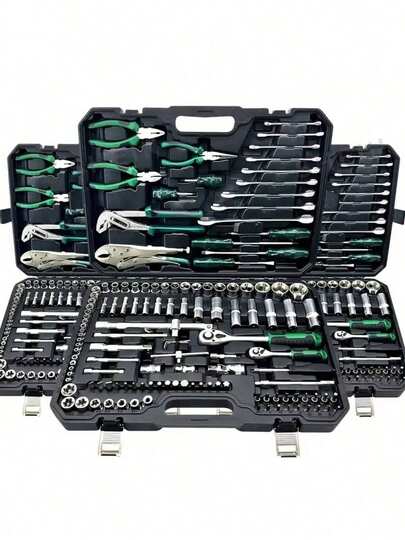 46件套高级专业工具套装，汽车/自行车维修技师工具组，包含1/2英寸、1/4英寸、3/8英寸驱动套筒、棘轮扳手、螺丝刀，经久耐用，适用于汽车和家居维护，高级棘轮扭矩扳手和螺丝刀套装 - 超紧凑，汽车、自行车和摩托车维修一体化解决方案，多功能且易于使用