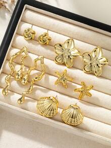 1/5 Pairs Gold-Plated Earring Set, Includes Twisted, 3D Floral, Starfish, Shell, Wave Shaped Vintage Metal Earrings, Fashionable And Elegant, Suitable For Daily, Party, And Gift For Girlfriend/Mother - Gold - View 2