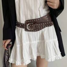 1pc Y2K Punk Style Rivet Curved Waist Belt, American Asymmetrical Waist Band - Brown Silver Buckle - View 5