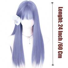 24 Inch Long Straight Light Blue Wig With Bangs, Synthetic Women's Natural Lolita Cosplay Fashion Youthful Big Wave Long Curly Full Wig - Dusty Blue - View 2