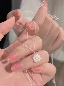 1件极简贝壳和仿珍珠串珠可调节项链吊坠（链条和珠子位置可调节） - 銀色 - 查看 2