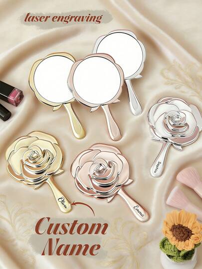 1個 カスタマイズレーザー彫刻ローズメッキハンドミラー、ローズミラー、バレンタインデーのギフト、結婚式の思い出、花嫁介添人のパーフェクトギフト、名前彫刻付きブライズメイドメイクアップミラー、彼女への贈り物、母への贈り物