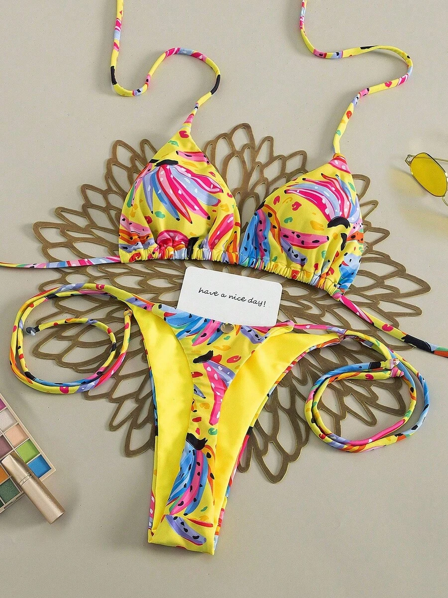 两件套亮黄色、粉色、蓝色、橙色多色抽象涂鸦印花比基尼套装，柔软弹力速干面料，修身剪裁，适合海滩、热带旅行、泳池派对、邮轮、情人节假期等场合。 - 黃色 - 查看 1