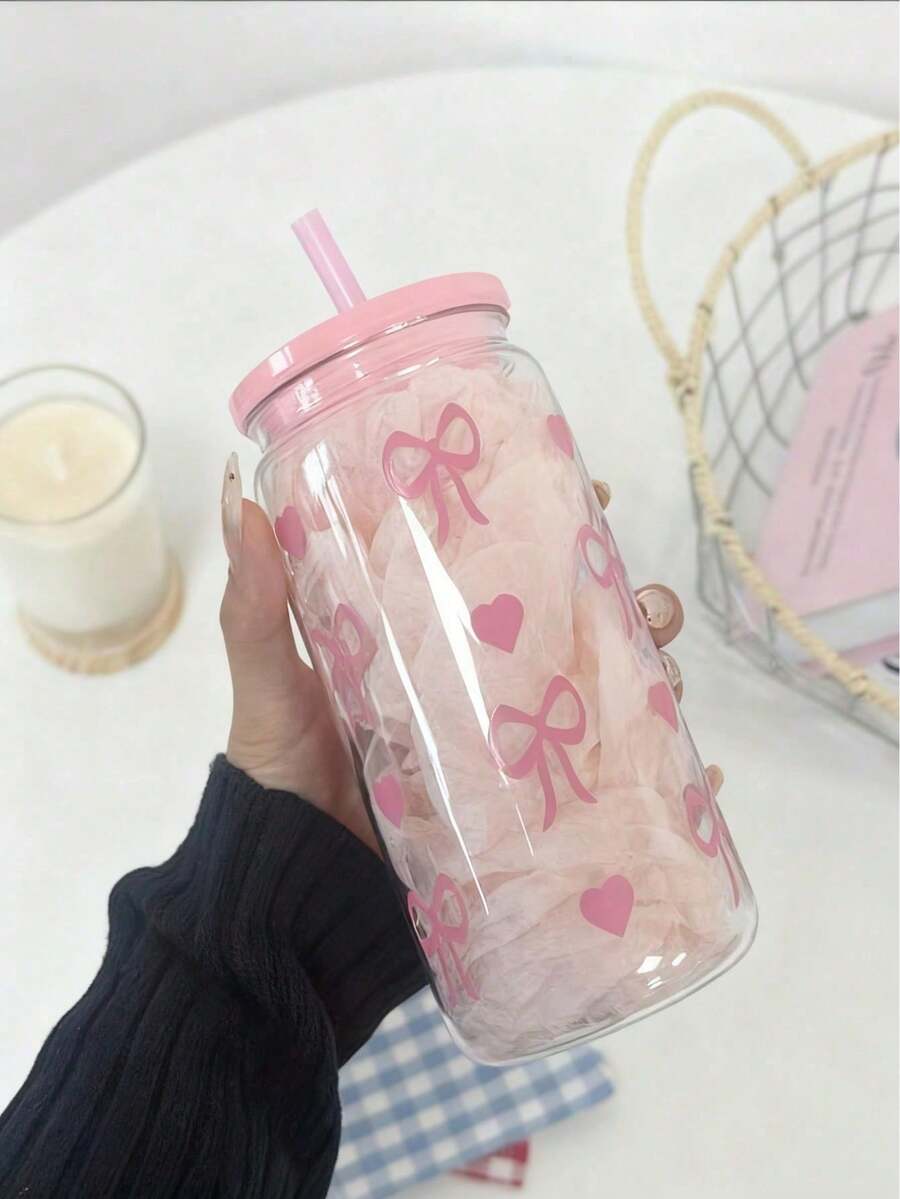 1個大容量可重複使用飲水杯,適合當作水杯、冰咖啡杯、奶昔杯、水果杯或果汁杯,粉色蝴蝶結印花,適合夏季補水,戶外旅行理想選擇 - 彩色 - 查看 1