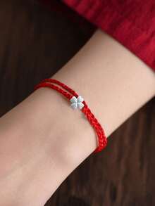 S925 Sterling Silver Four-Leaf Clover Handmade Braided Red String Bracelet, Fresh And Lucky, Great Gift For Valentine's Day, Mother's Day, Family And Couples, Comes In Gift Box - Red - View 3
