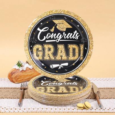 10pcs/20pcs/50pcs,Class Of 2026 Graduation Party Supplies - Gold And Black Graduation Disposable 9inch Paper Plates For Congrats Grad Decorations And Favors,Gold And Black Graduation Decorations