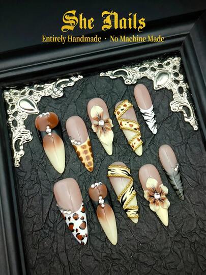 DIY Cute Baroque Junk Punk Goth Glossy Metallic Y2K French Tip 10pcs Brown Nails Leopard Print Long Stiletto Acrylic Handmade Press On Nails With 3D Nail Gems Hand Carving Flowers Cherries Golden Bead Gold Circle Handpainted Halation Suitable For Chiristmas Parties And Daily Wear For Women And Girls Wear With Free Gel Sticker Nail Glue Nail File Nail Suppies Nails.