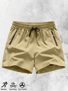 1pc Men's Quick-Dry Sports Shorts With Fashionable Zipper Pockets And Printed Design, Lightweight And Breathable, Suitable For Outdoor Sports, Basketball, Running And Gym Workouts - Khaki - View 2