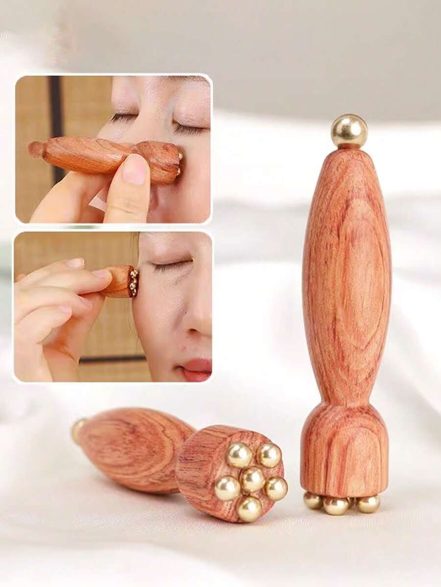 面部按摩器 - 一款木质传统中医穴位按摩器,适用于改善眼袋、黑眼圈和敏感肌肤。浅米色。这是一款传统中医护肤设备,配备面部和眼部按摩棒,适用于眼部护理和穴位按压。 - A - 查看 1