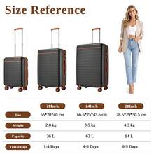 Set di valigie rigide da 3 pezzi, PC+ABS, leggere, bagaglio a mano da 20 pollici, bagaglio da stiva da 24 pollici, bagaglio da viaggio grande da 28 pollici con ruote girevoli a 360°, lucchetto a combinazione, maniglia telescopica, valigia da viaggio business/vacanza per donna, uomo e unisex - Grigio - Visualizzare 8
