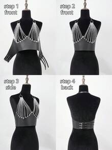 女士性感银链身体饰品，皮质胸罩式背心，适合夜店派对的锐舞节装扮 - 彩色 - 查看 7