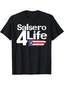 Camiseta de Algodón Negra para Hombre - Estampado Gráfico de Puerto Rico Salsero 4 Life y Bandera, Corte Regular, Cuello Redondo, Manga Corta, Transpirable, Ideal para Verano, Casual, Regalo Ideal para Papá, Atuendo para Eventos Culturales, Cultura Puertorriqueña, Material No Transparente - Negro - Ver 1