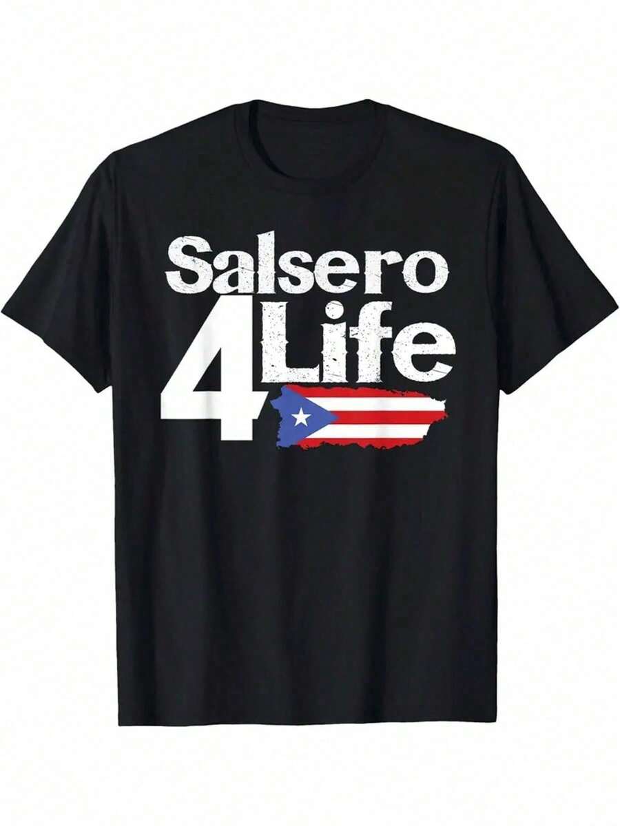 Camiseta de Algodón Negra para Hombre - Estampado Gráfico de Puerto Rico Salsero 4 Life y Bandera, Corte Regular, Cuello Redondo, Manga Corta, Transpirable, Ideal para Verano, Casual, Regalo Ideal para Papá, Atuendo para Eventos Culturales, Cultura Puertorriqueña, Material No Transparente - Negro - Ver 1