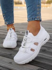 Women's Knitted Elastic Slip-On Casual Sneakers, Minimalist Versatile Lightweight Comfortable Soft-Sole Sock Shoes, Mesh Breathable Non-Slip Running Shoes - White - View 3