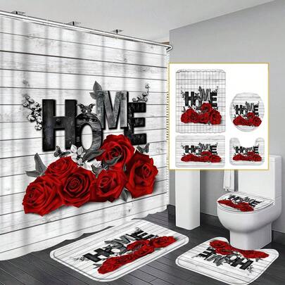 Four-Piece Shower Curtain Set, Decorated With Blue, Pink, Red, And Yellow Rose Patterns, Non-Slip, U-Shaped Mat, Romantic Bathroom Decor, Comes With 12 Hooks, Valentine's Day Bathroom Set.