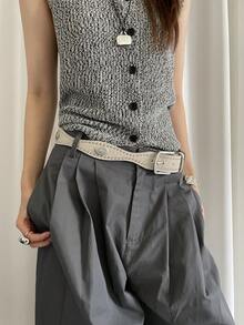 1 chiếc thắt lưng nữ bằng da PU màu be kiểu cổ điển, đính đinh tán, phong cách Bohemian. - Màu be - Xem 6