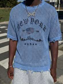 Spring/Summer Unisex Men's USA New York Letter Graphic Semi-Sheer Comfortable Casual Versatile Streetwear Fringe Crew Neck Knit Sweater, Blue - Blue - View 1