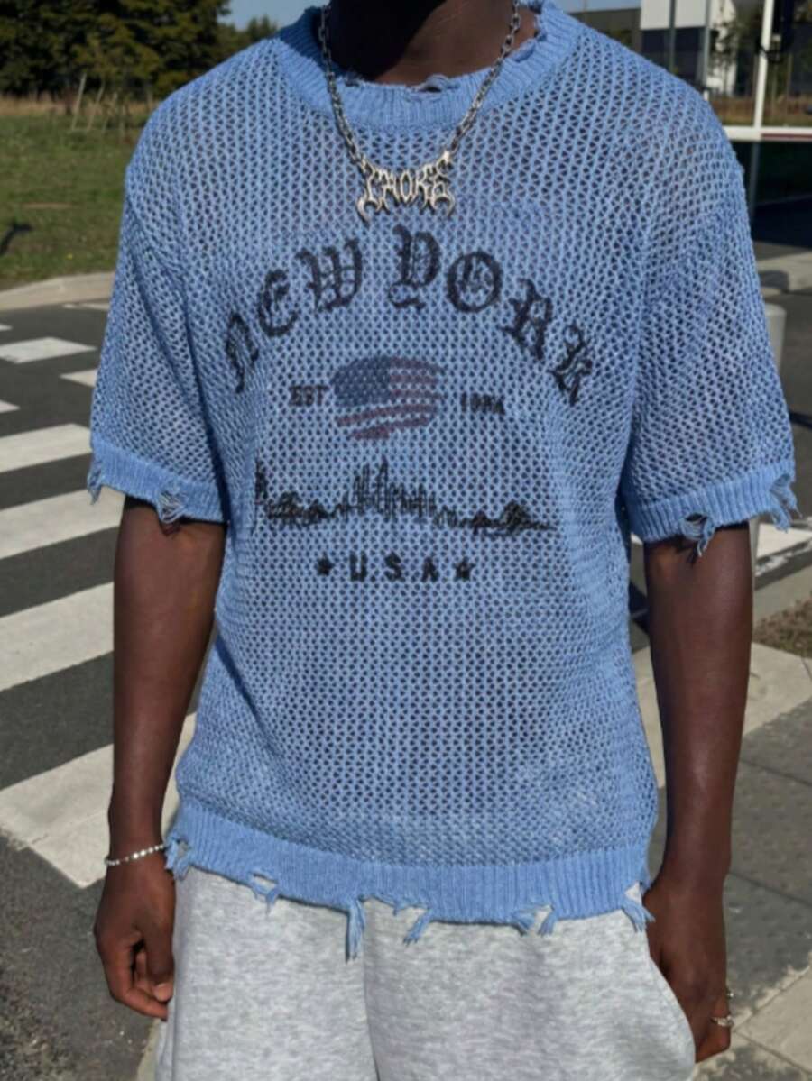 Spring/Summer Unisex Men's USA New York Letter Graphic Semi-Sheer Comfortable Casual Versatile Streetwear Fringe Crew Neck Knit Sweater, Blue - Blue - View 1