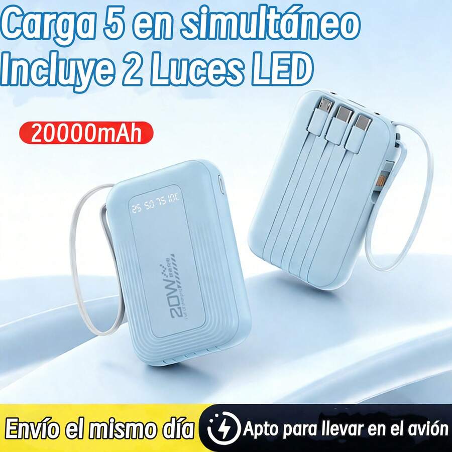 20000mAh Mini Power Bank, Batería Portátil con 2 Luces LED para Exteriores y Apagones - Powerbank que Carga 5 Dispositivos Simultáneamente - Cargador Portatil Incluye 4 Cables - Azul - Ver 1