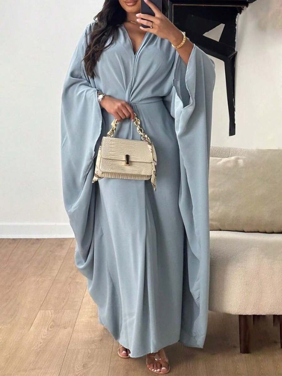 Unadoll 女士纯色优雅收腰柔软缎面宽松扭结蝙蝠袖连衣裙,适合海滩度假、音乐节、派对、生日、约会、情人节等各种场合。 - 藍色 - 查看 1