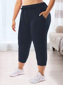 Plus Size Women's Casual Sports Capri Pants With Pockets & Drawstring Loose Fit Joggers Sweatpants For Running - Navy Blue - View 5