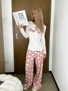 两件套女士圆领印花长袖上衣+直筒弹力腰裤可爱睡衣套装 - 粉色 - 查看 7