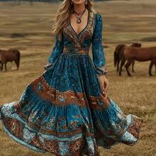 Women'S Long Dress With A Deep V-Neck In A Blue And Brown Western Cowboy Print For Spring And Summer, Featuring A Belted Waist For A Effect, And A Vintage  With A Flared Skirt - Chim công xanh - Xem 2