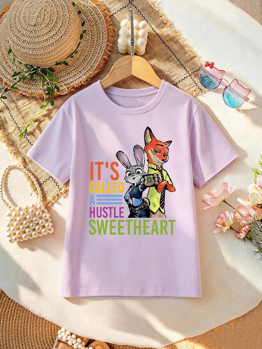 Disney Zootopia Nick Wilde And Officer Bunny Alphabet Print Pattern Girls' T-Shirt - Children's Clothing Design Short-Sleeve Casual Cute Style Comfortable And Relaxed Suitable For Boys And Girls, Perfect For Parties And Play Machine Washable Gift Children's Clothing Girls' Short-Sleeve Shirt - Mauve Purple - View 1