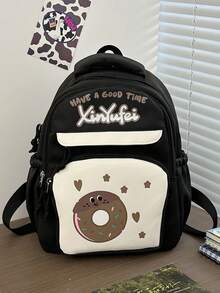 甜美清新的女童大容量双肩包，适合中小学生；甜甜圈卡通休闲双肩包 - 黑色 - 查看 6