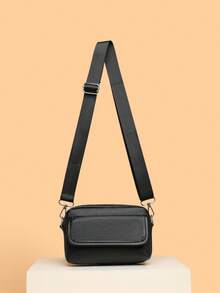 Bolso cuadrado con tapa abatible, bolso de hombro de moda para hombre, mini bolso cruzado, unicolor de piel de PU - Negro - Ver 1