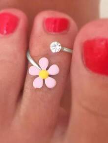 1pc Elegant Minimalist Square Rhinestone Flower Adjustable Metal Toe Ring, Suitable For Gifts And Beach Vacation - Multicolor - View 8