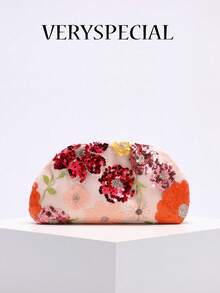 1pc Colorful PVC Sequin Flower Pattern Pink Linen Base Mesh Embroidery Ruffle Cloud Clutch Bag, Shiny Elegant Evening Bag For Casual, Holiday, Party Use (Flower Sequin Pattern Randomly Sent) - Pink - View 1