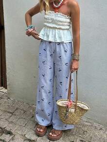 Women's Casual Striped Cherry Print Elastic Waist Pants, Suitable For Spring/Summer Vacation And Daily Wear - Multicolor - View 7