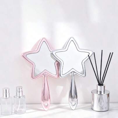1pc 5-Pointed Star Handheld Mirror, Star Shaped, Pink & Silver, Makeup Mirror, Vanity Mirror, Suitable For Dorm And Desk, Portable Travel Cosmetic Mirror, Cute Aesthetic Vanity Mirror For Women & Girls, Vanity Decor, Travel Makeup Compact Mirror, Ideal For Christmas, Valentine's Day, Holiday, Party Gift, Room Decor