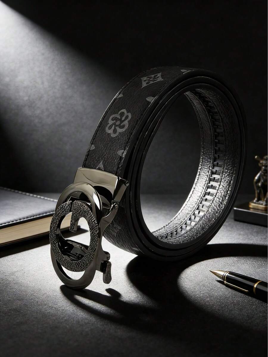 Men's Luxury Belt, Letter Alloy Automatic Buckle Leather Belt, Paired With High-Quality Printed Strap, 120cm Length Can Be Freely Trimmed, High-End And Stylish, Ideal For Daily Wear And Gift Giving - Multicolor - View 1