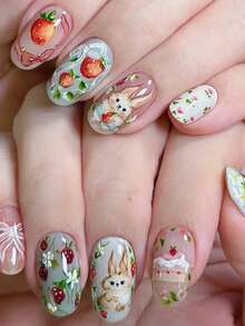 24pcs Medium Almond-Shaped Easter Fake Nails With Cute Rabbit, Strawberry, Flower Patterns, Pink Cake Design, Full Coverage Glossy Acrylic Nails For Women - Multicolor - View 7