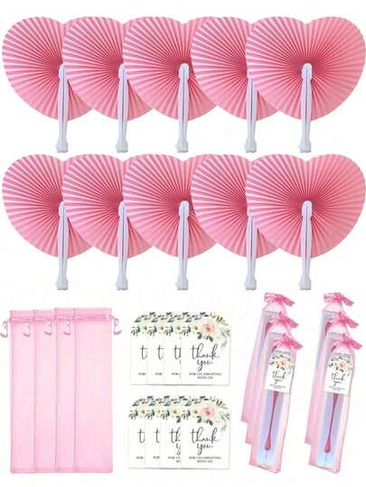 Set de 3/15/18 piezas de abanicos plegables con forma de corazón elegante, incluye tarjeta de agradecimiento y bolsa de organza, adecuado para regalos de damas de honor, accesorios de baile de boda, decoraciones de boda, suministros para fiestas, accesorios para fotos de despedida de soltera, regalos de boda perfectos